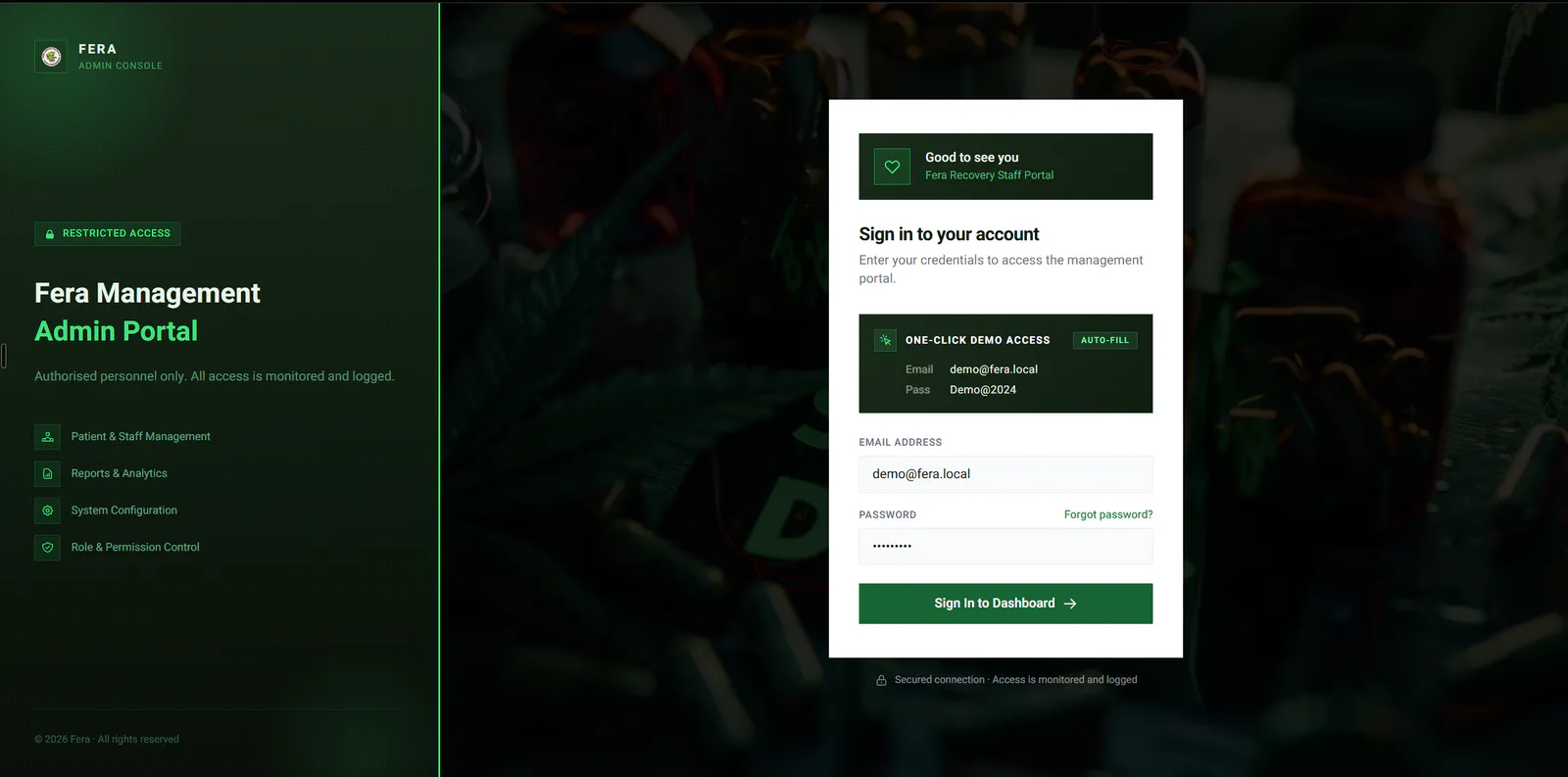 Fera login screen