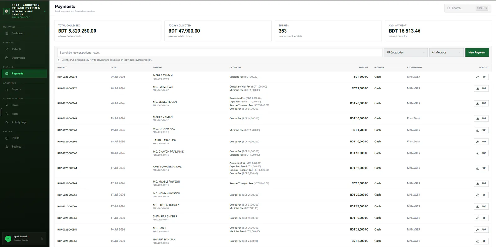 Fera payments ledger with receipt rows