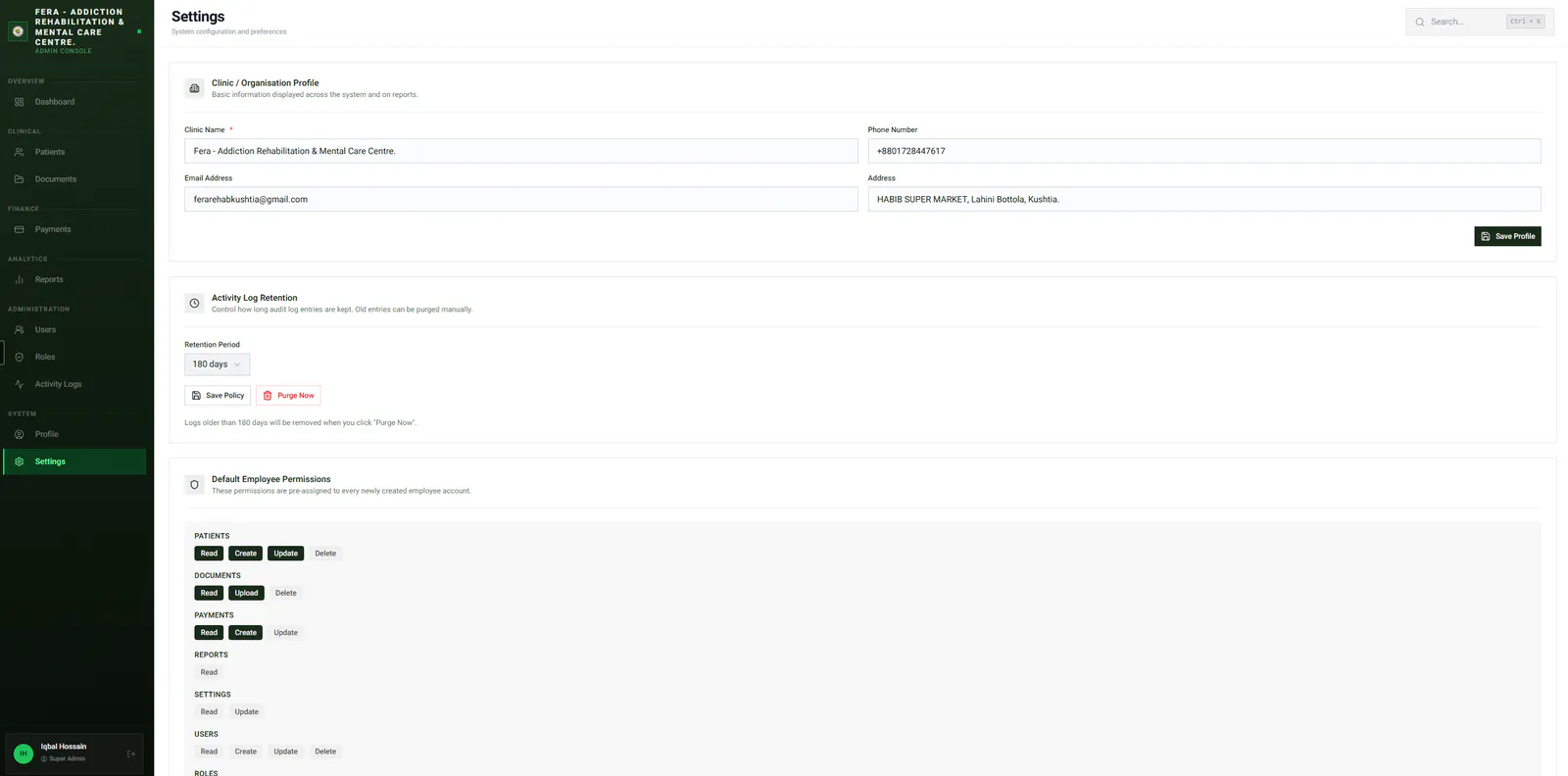 Fera settings — clinic profile and default permissions