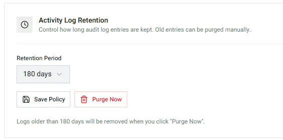 Fera settings — activity log retention card