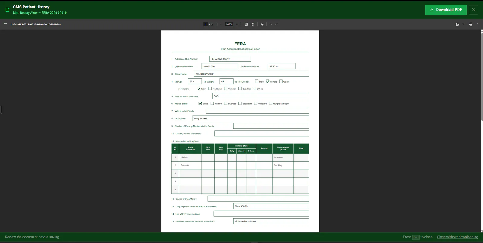 Fera CMS patient history PDF viewer