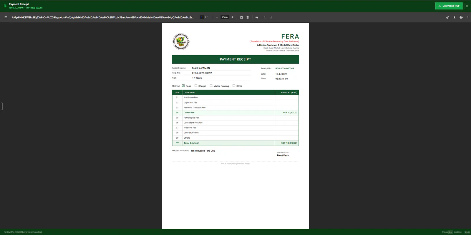 Fera payment receipt PDF