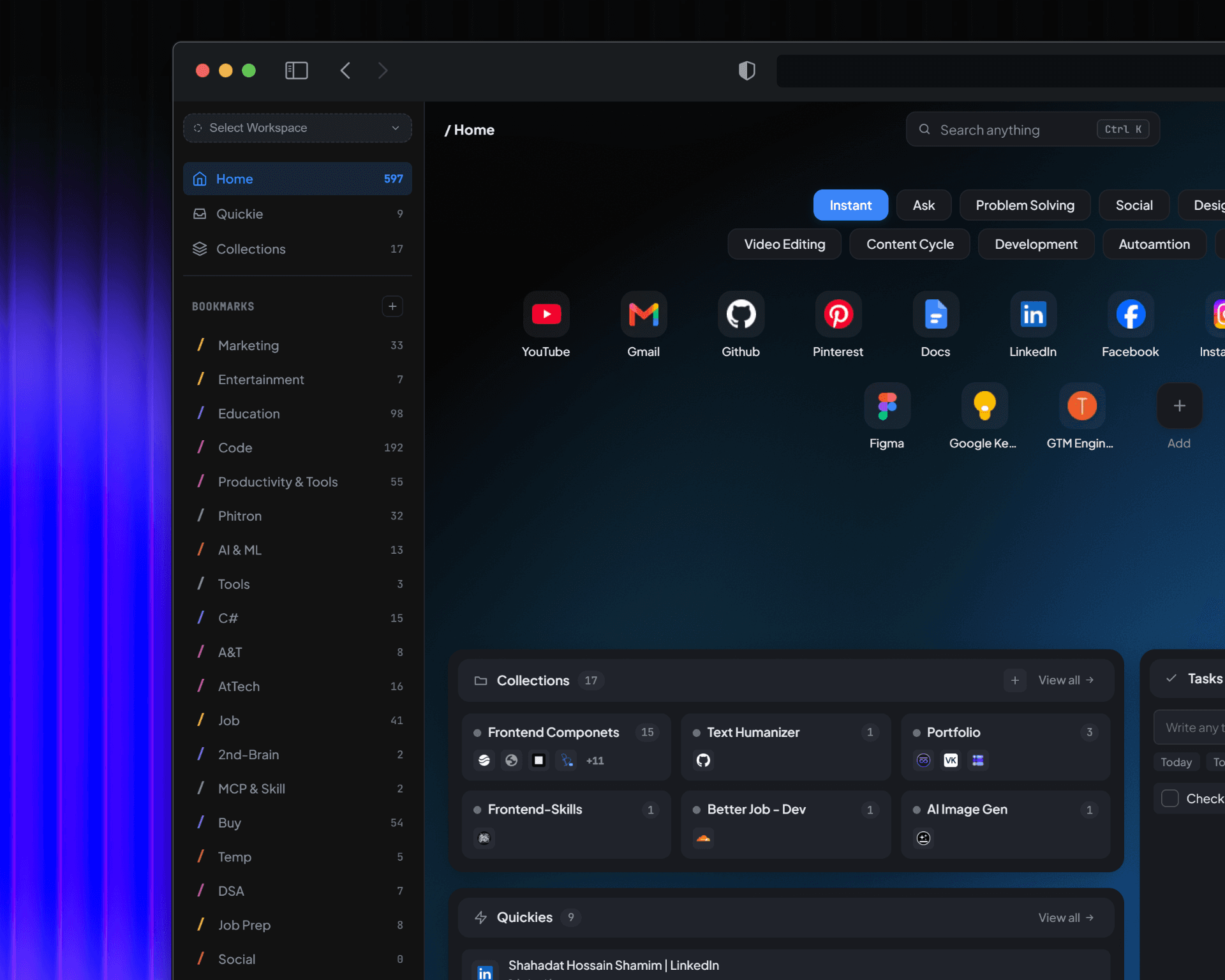 Night mode desktop experience with neon backplane styling.