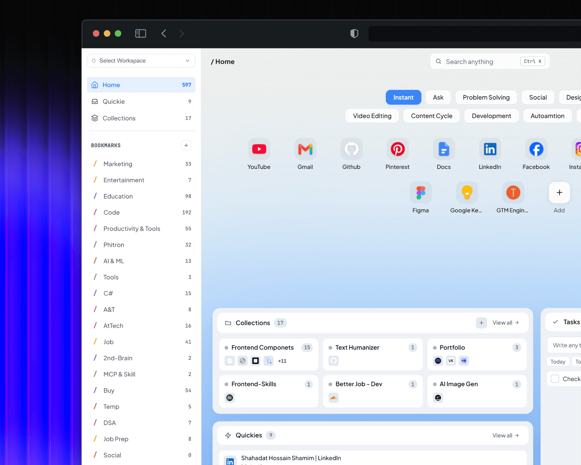 Desktop workspace in light mode with category sidebar, quickies, and task manager.