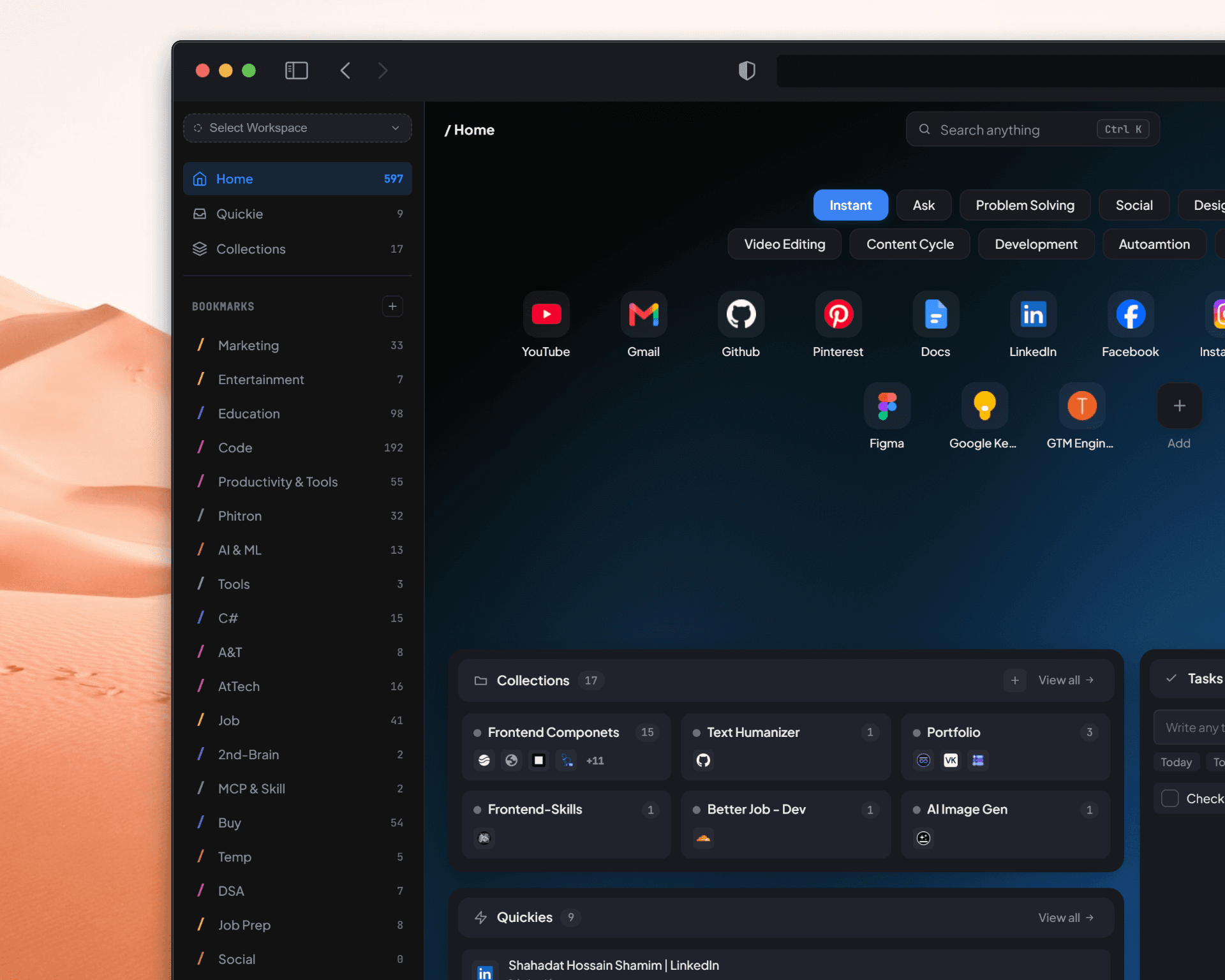 Alternate dark theme workspace framed on desktop wallpaper.